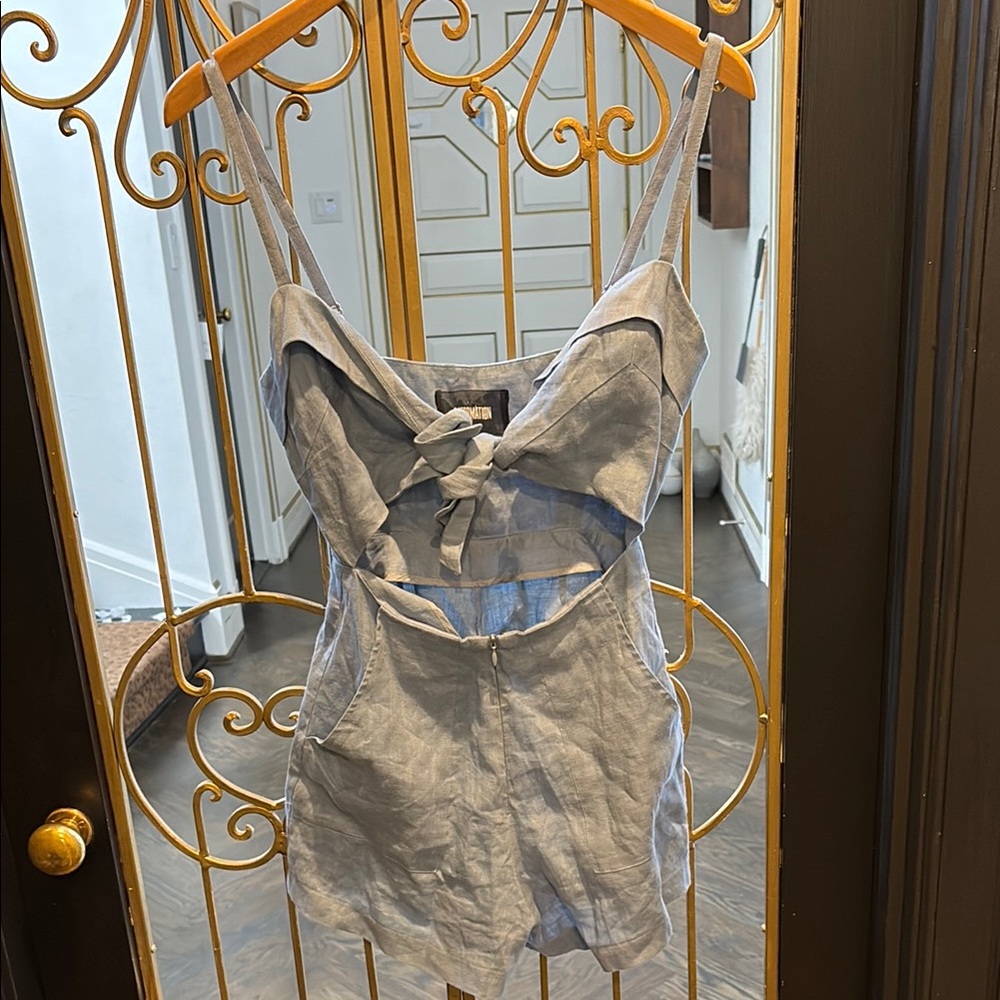 Reformation Light Gray Linen Romper with Front Tie
